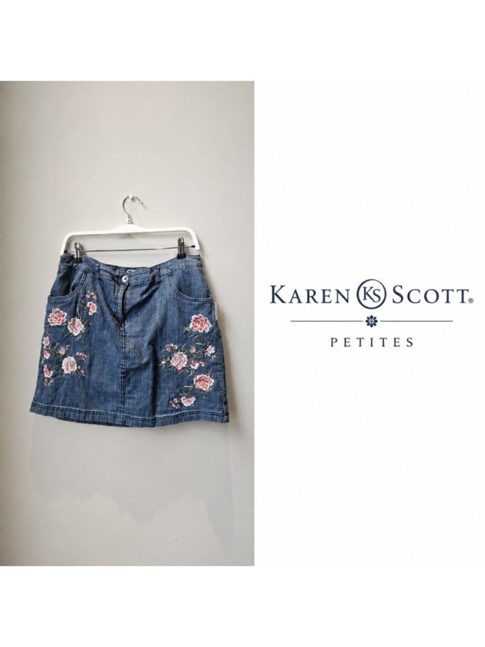 KAREN SCOTT PETITES embroidered denim skirt - Size 14P.